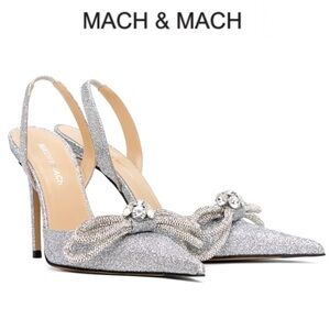 MACH & MACH Silver Double Bow Glitter Embellished Pointed Toe Heels EU 36.5